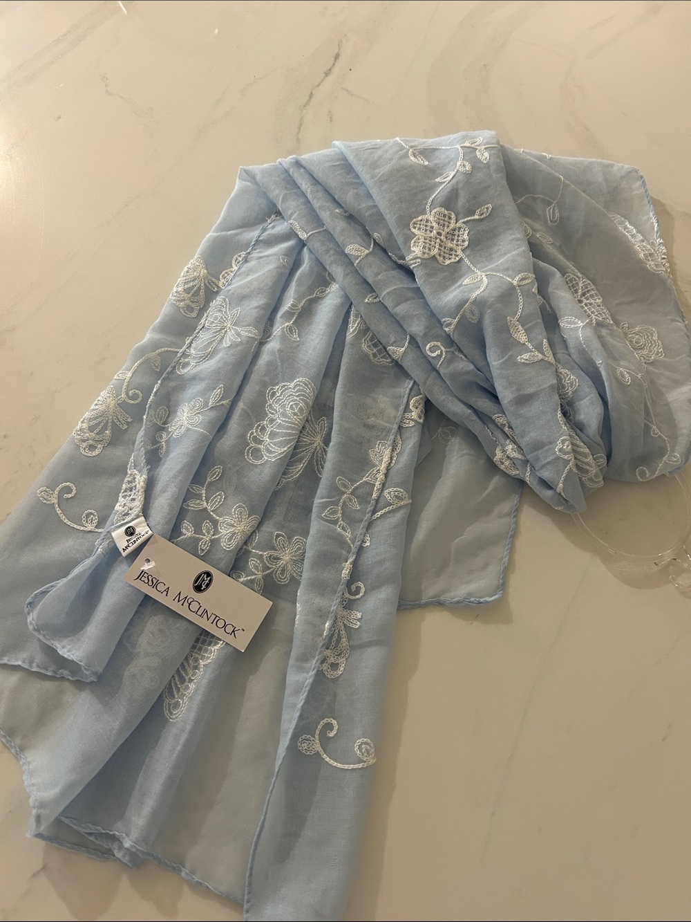 Jessica McClintock Pale Blue Embroidered Floral Scarf